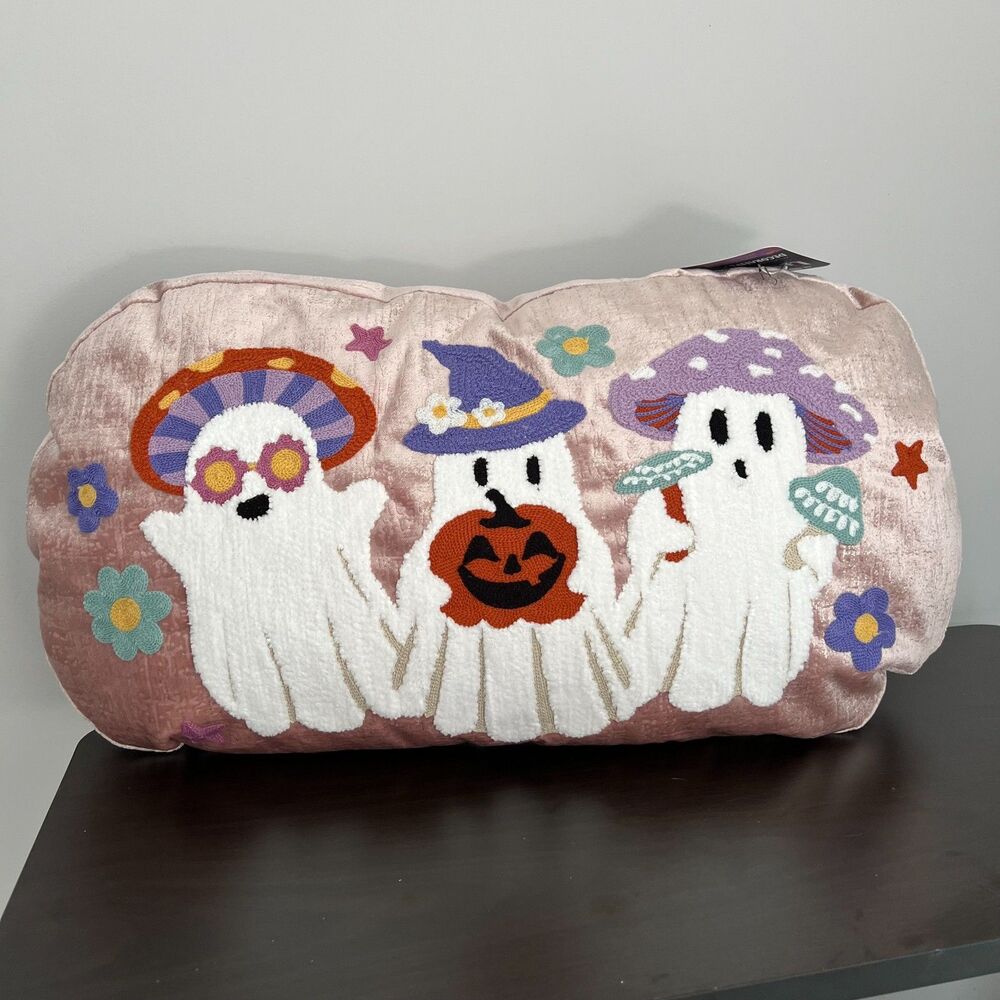 24" Pink Velvet Embroidered Ghosts Halloween Pillow